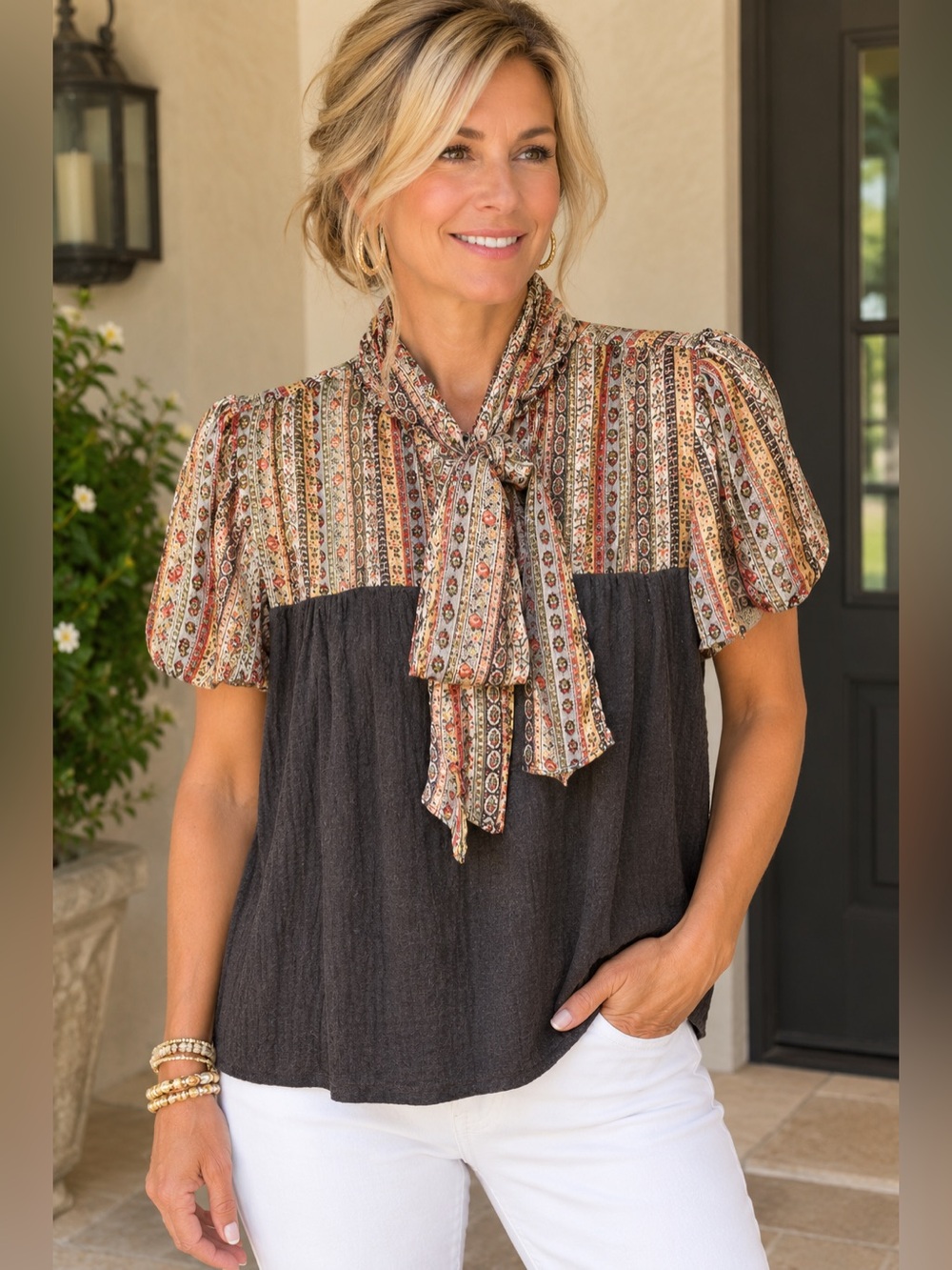 Joy Tie-Neck Mixed-Pattern in Charcoal and Multi by Tiny x Anthro